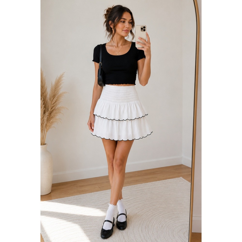 Blue Rain White Tiered Ruffle Mini Skirt Smocked Cotton Cottagecore XS Boho